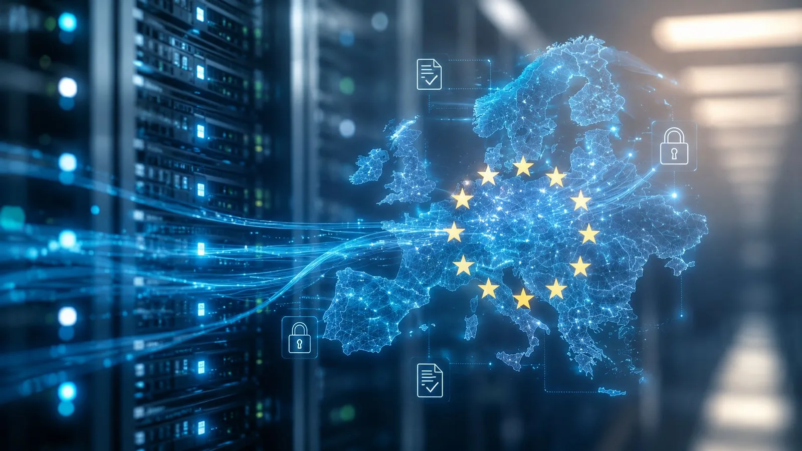 Carte de l'Europe numérique avec des symboles de sécurité et de serveurs pour le cloud européen.