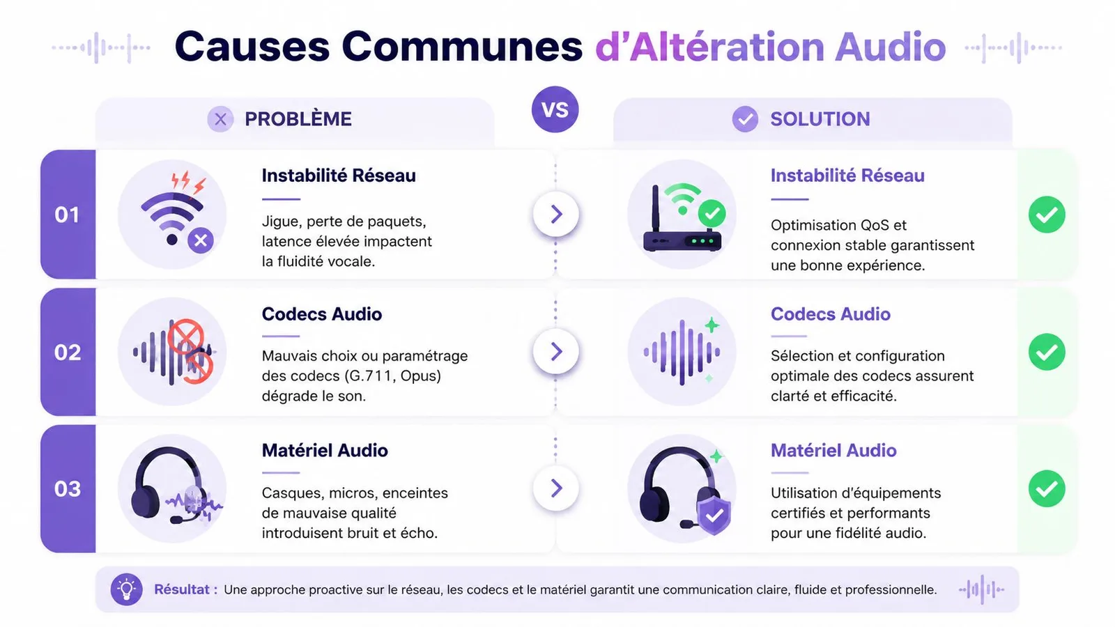 Infographie comparant les problèmes et solutions pour améliorer la qualité audio dans les communications professionnelles.