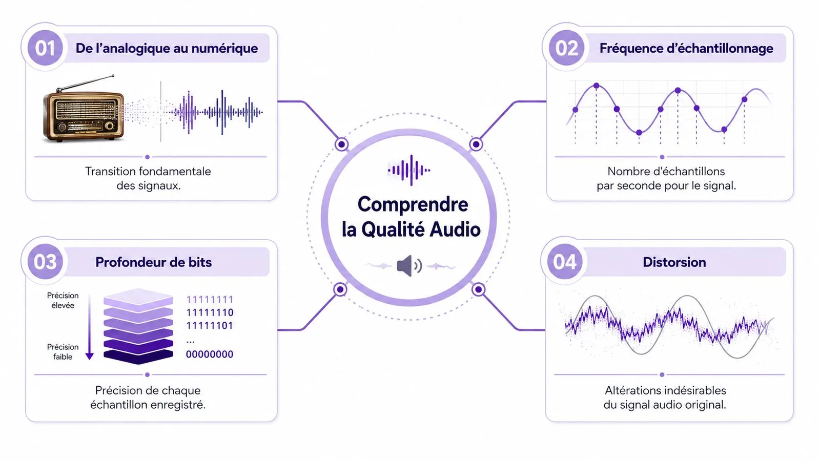 Une infographie explicative sur les quatre facteurs clés déterminant la qualité du son numérique.