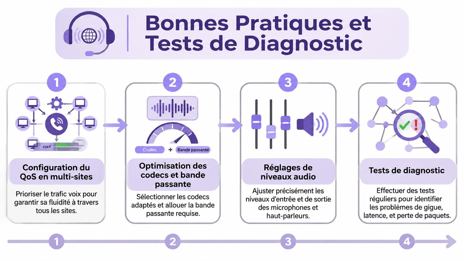 Infographie illustrant quatre étapes clés pour optimiser la qualité audio dans une configuration réseau multi-sites.