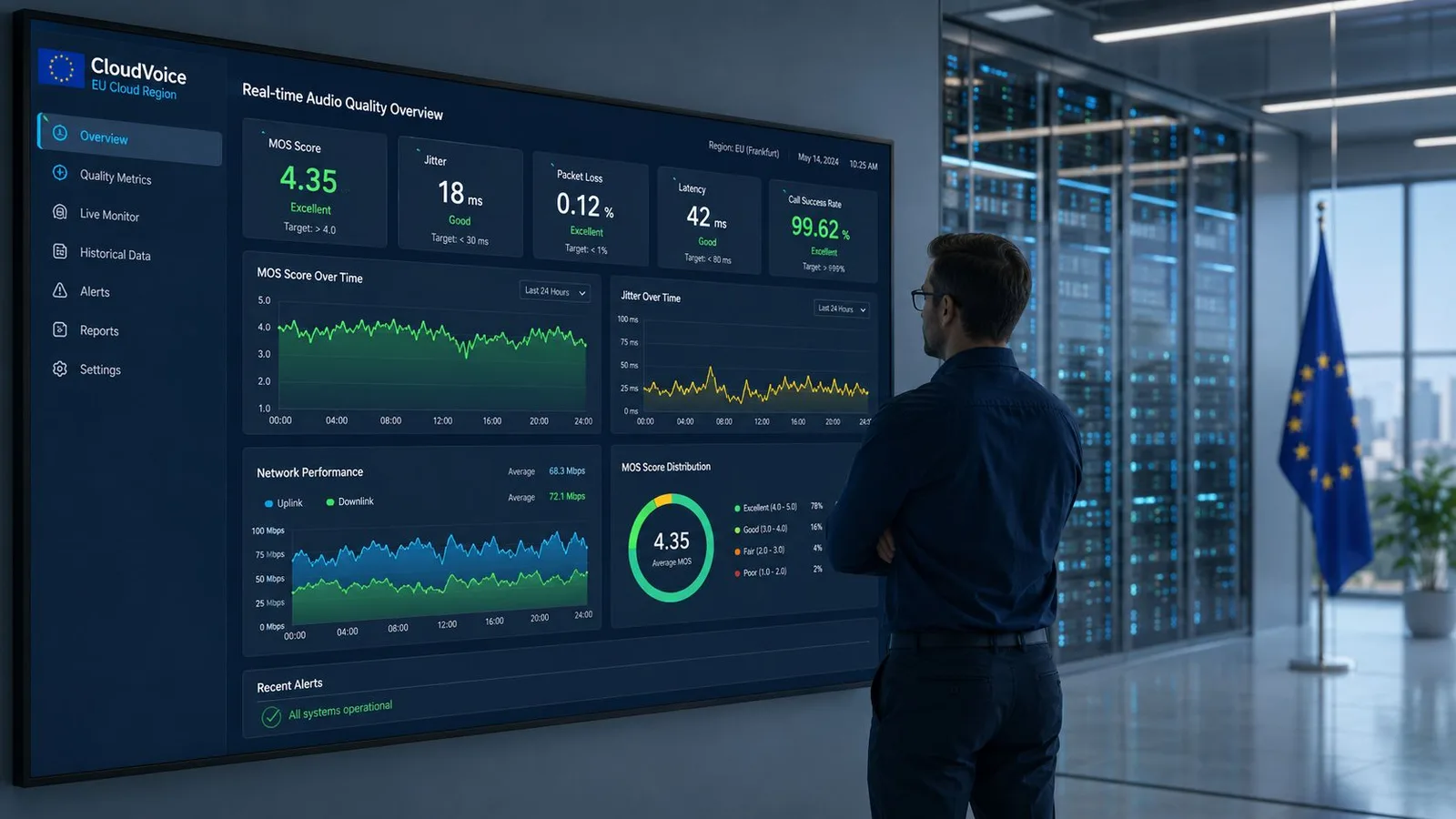 Un technicien informatique observe un tableau de bord numérique affichant des statistiques de qualité audio en temps réel.