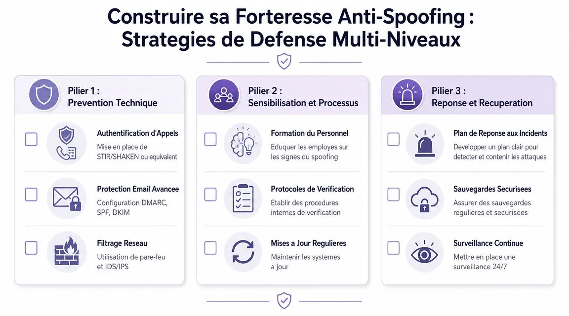 Infographie illustrant une stratégie de défense multi-niveaux pour se protéger contre les attaques de spoofing informatique.