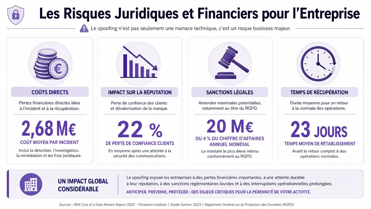 Infographie illustrant les risques juridiques et financiers majeurs pour l'entreprise liés aux attaques de type spoofing.