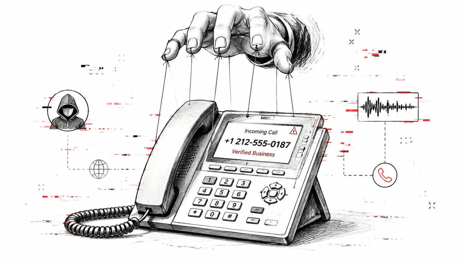 Une illustration montrant une main manipulant un téléphone pour illustrer une attaque par usurpation d'identité téléphonique.