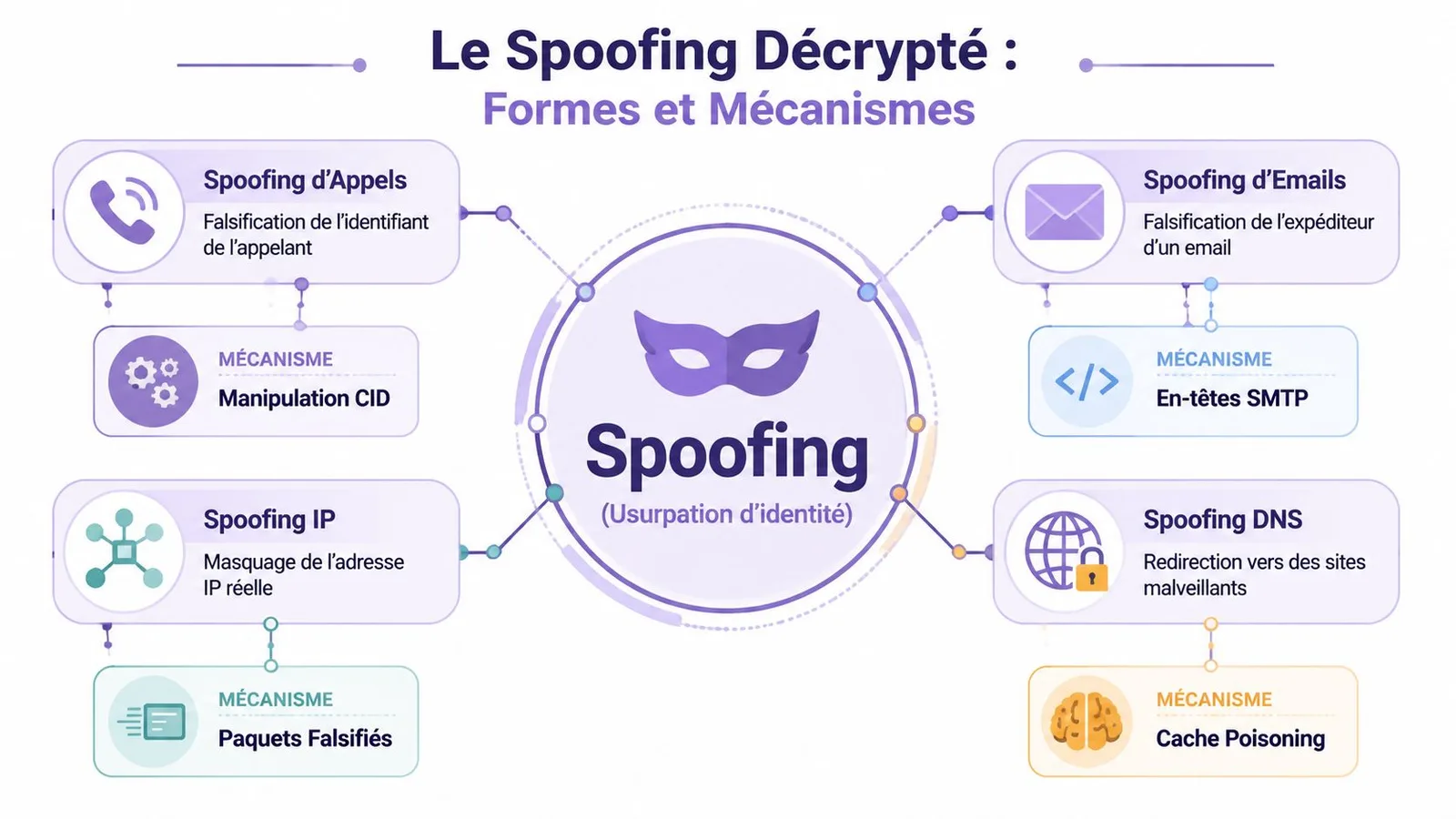 Infographie expliquant les différentes formes et mécanismes de spoofing, incluant l'usurpation d'appels, d'emails, d'adresses IP et DNS.