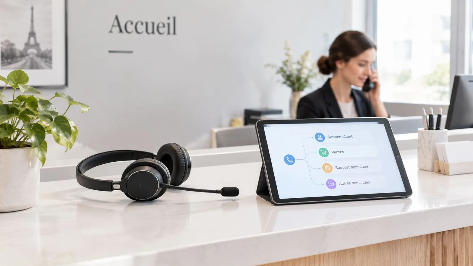 Tablette affichant un menu de choix de services pour les appels téléphoniques sur un bureau d'accueil.