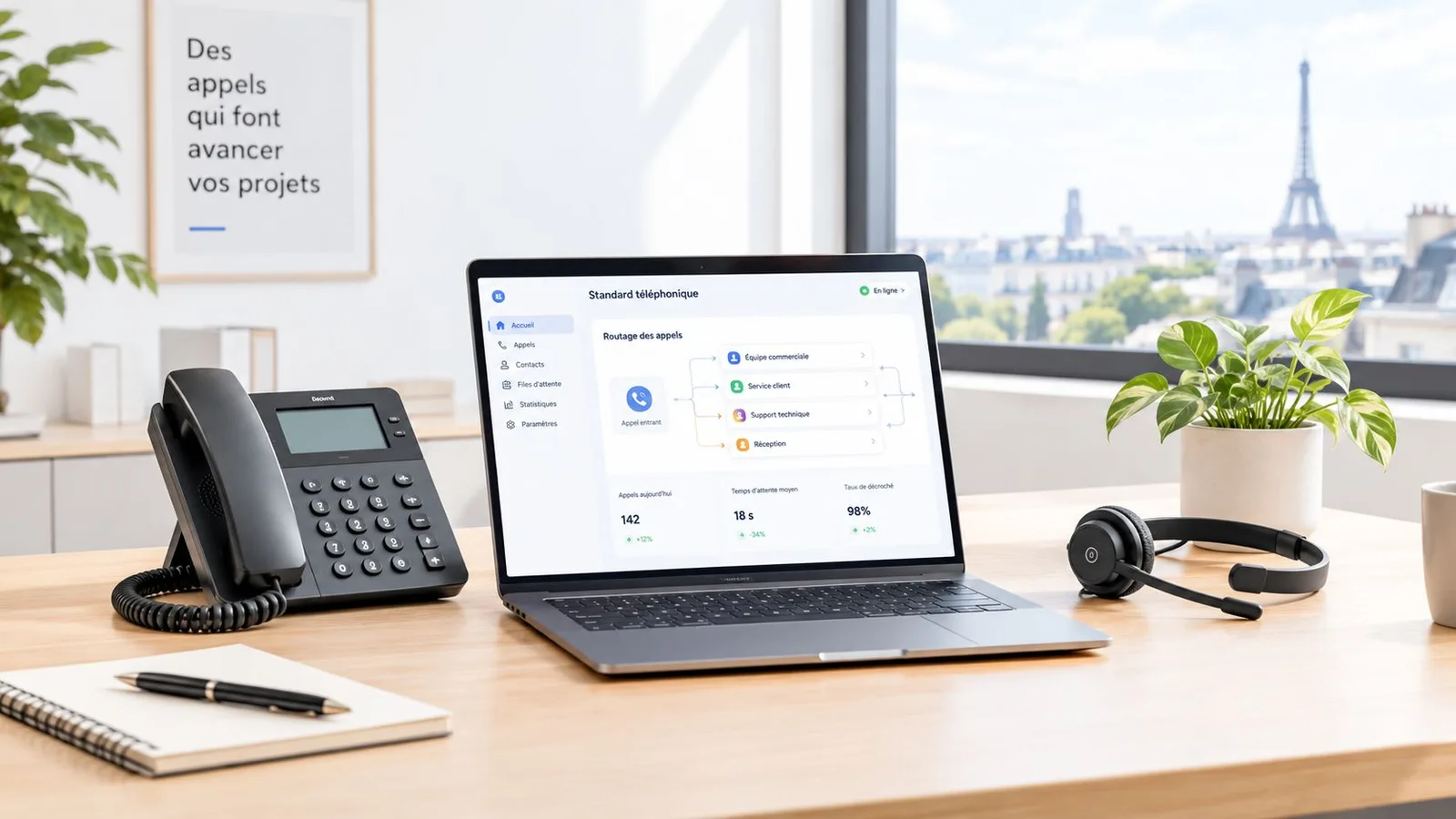 Un bureau moderne avec un téléphone professionnel, un ordinateur portable, un casque et une vue sur Paris.