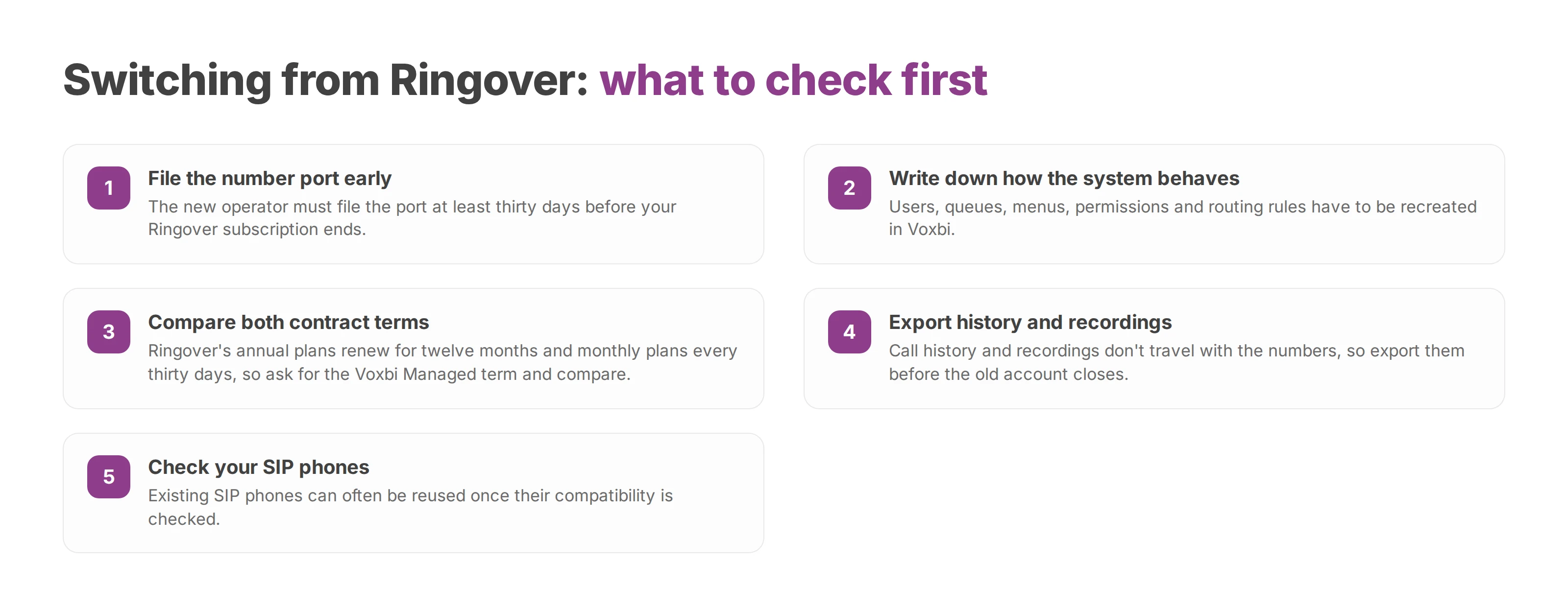 Numbered checklist for switching from Ringover to Voxbi: number port, configuration inventory, contract terms, exports and phones