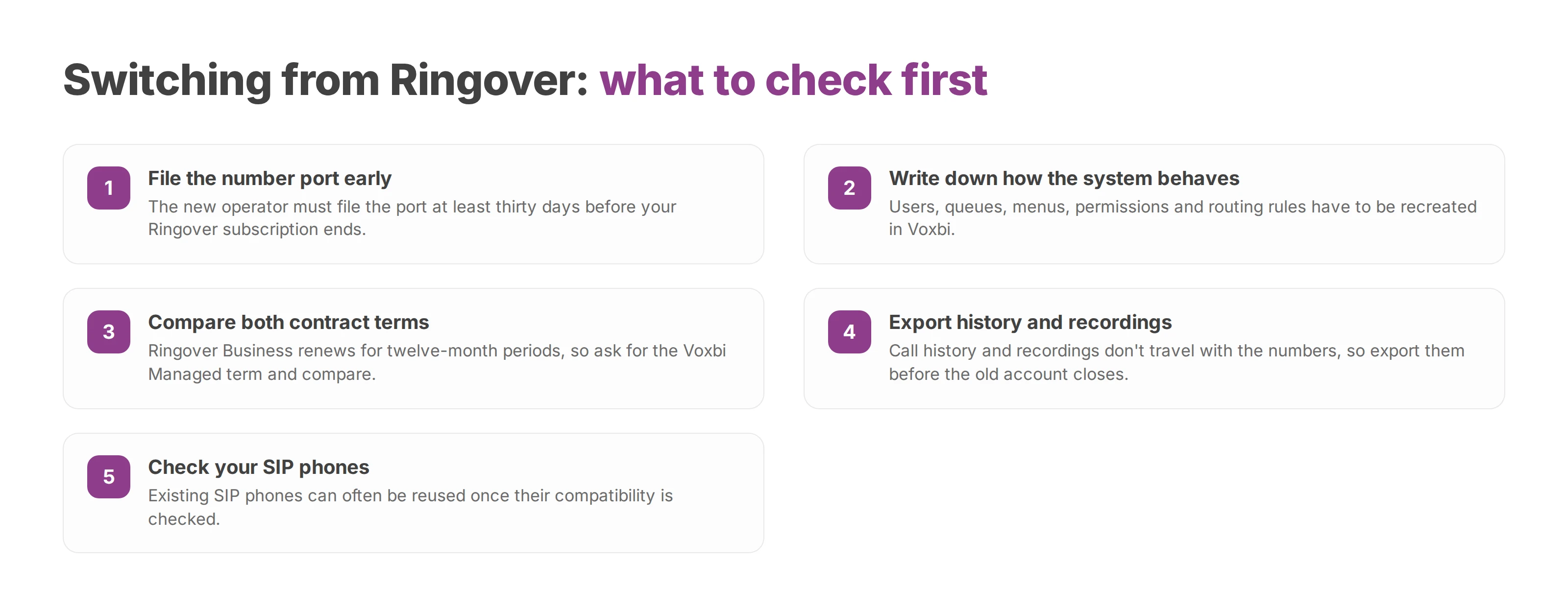 Numbered checklist for switching from Ringover to Voxbi: number port, configuration inventory, contract terms, exports and phones