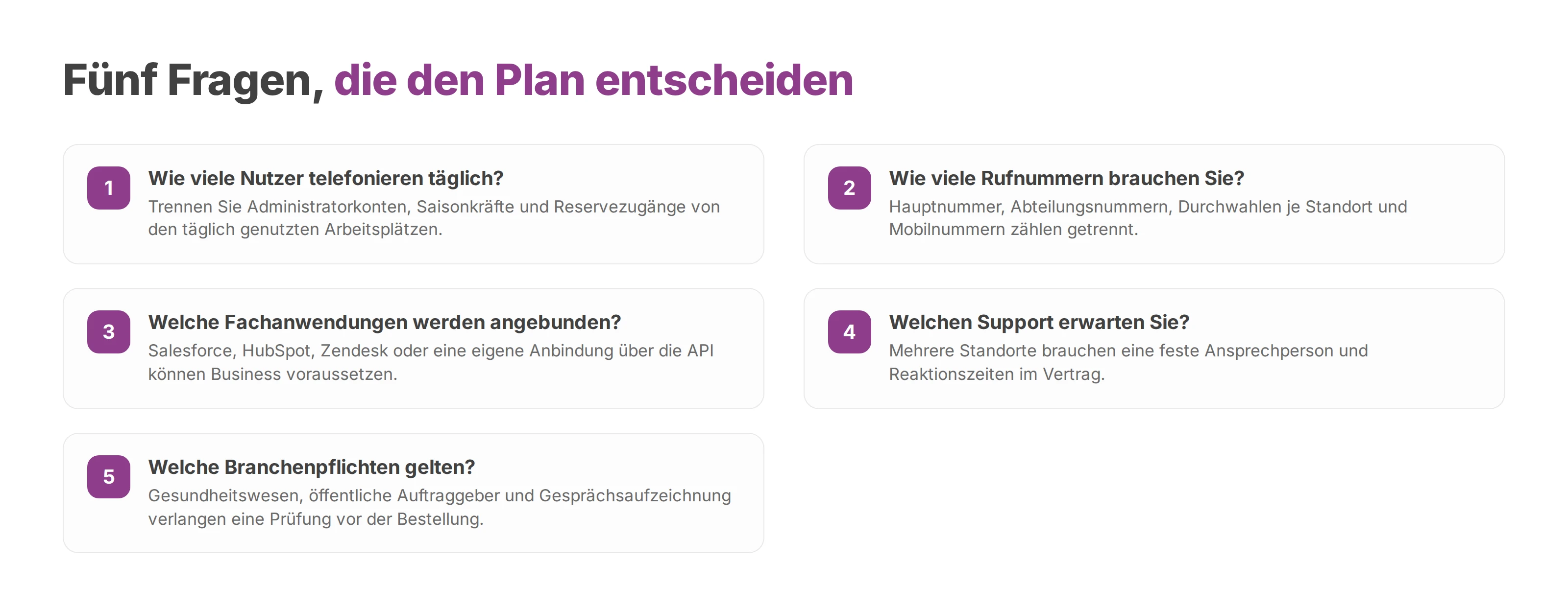Checkliste mit fünf Fragen, die den passenden Ringover-Plan bestimmen