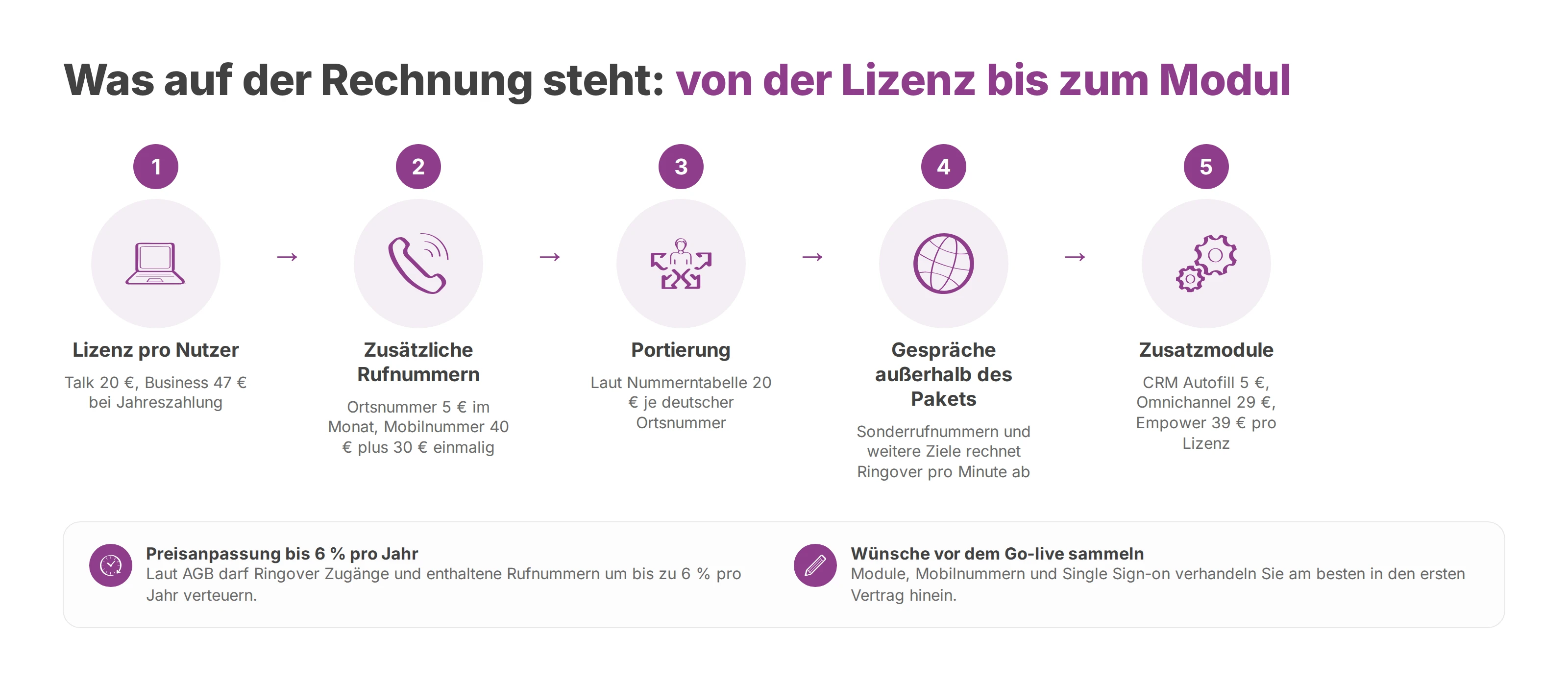 Ablauf der Kostenposten bei Ringover: Lizenz, zusätzliche Rufnummern, Portierung, Gespräche außerhalb des Pakets und Zusatzmodule
