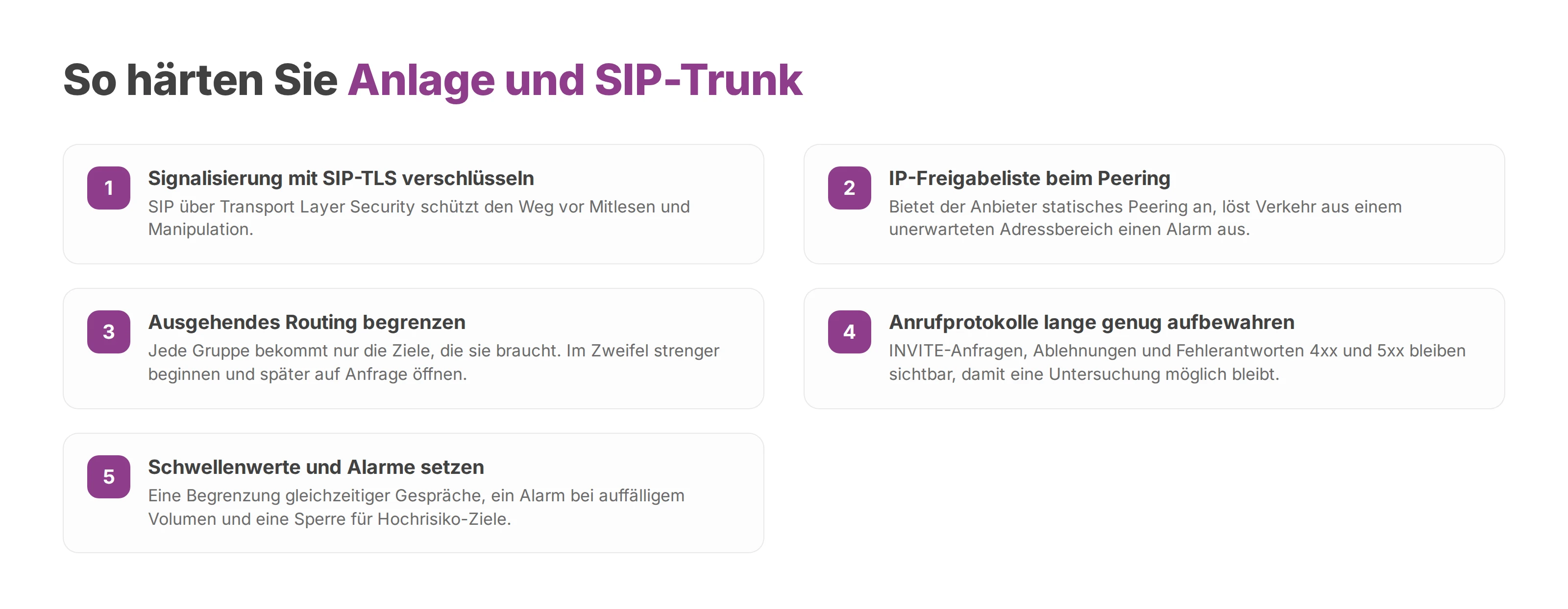 Checkliste mit fünf Härtungsmaßnahmen für Cloud-Telefonanlage und SIP-Trunk