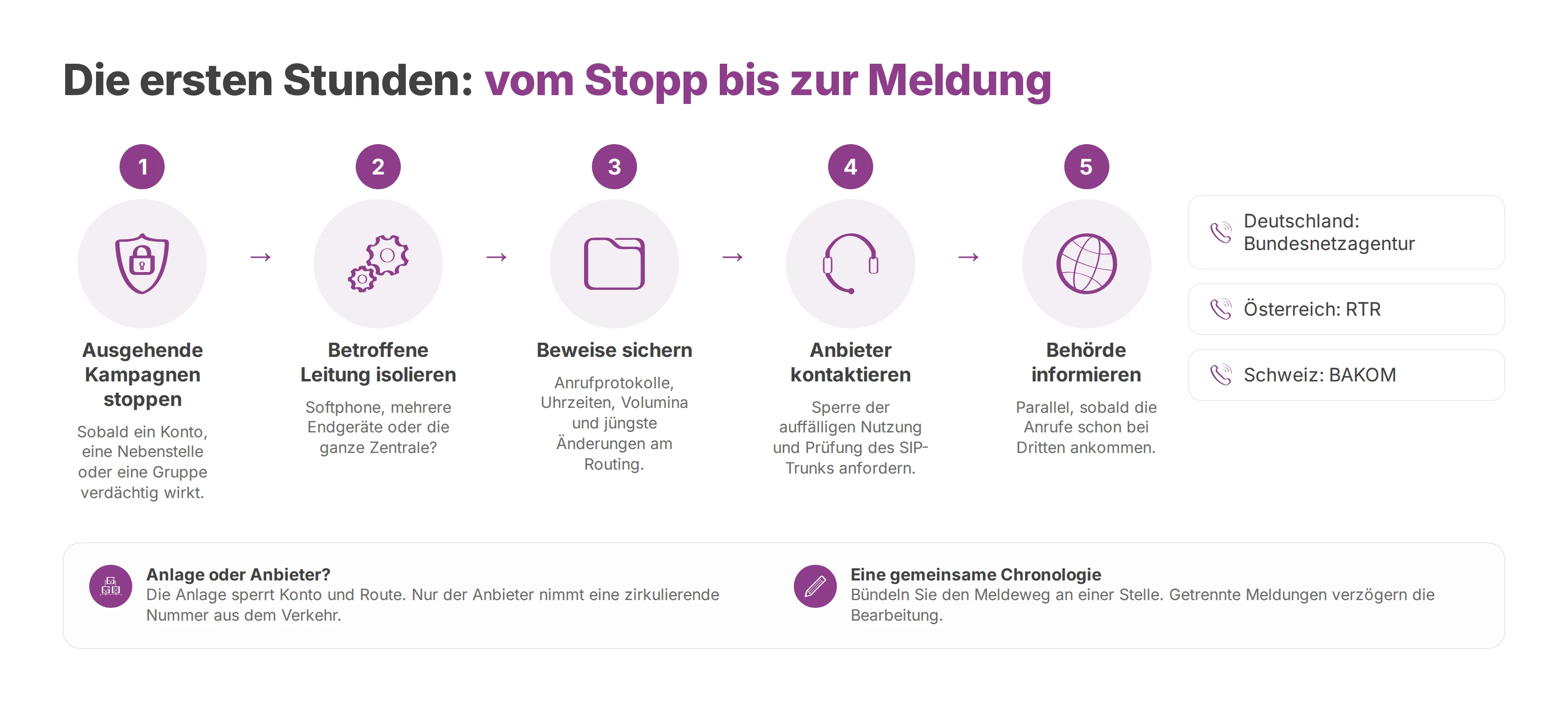 Ablauf der ersten Stunden: Ausgang stoppen, Leitung isolieren, Beweise sichern, Anbieter und Behörde melden