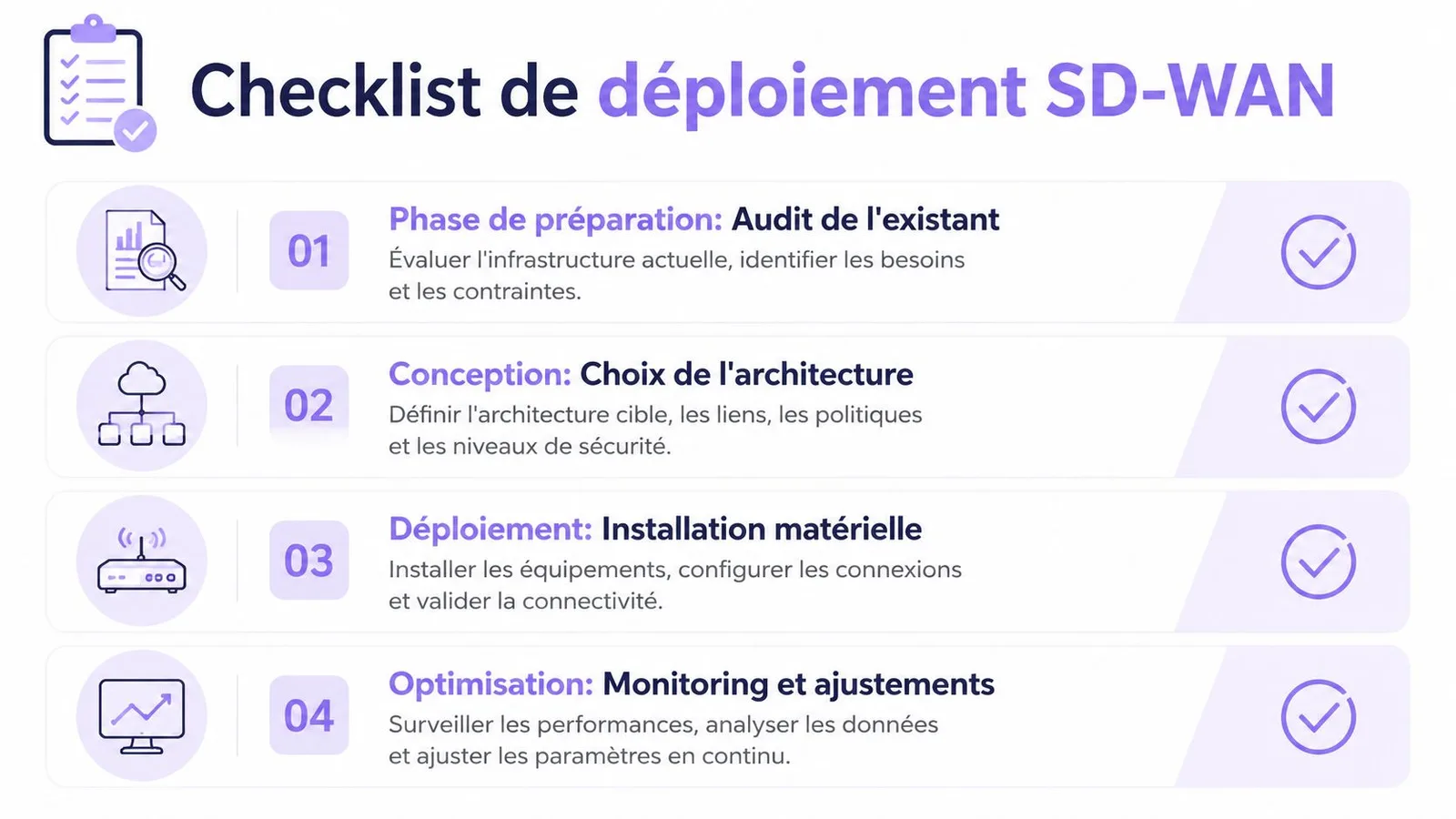 Une infographie détaillée illustrant les quatre étapes clés pour la planification et le déploiement d'une solution SD-WAN.