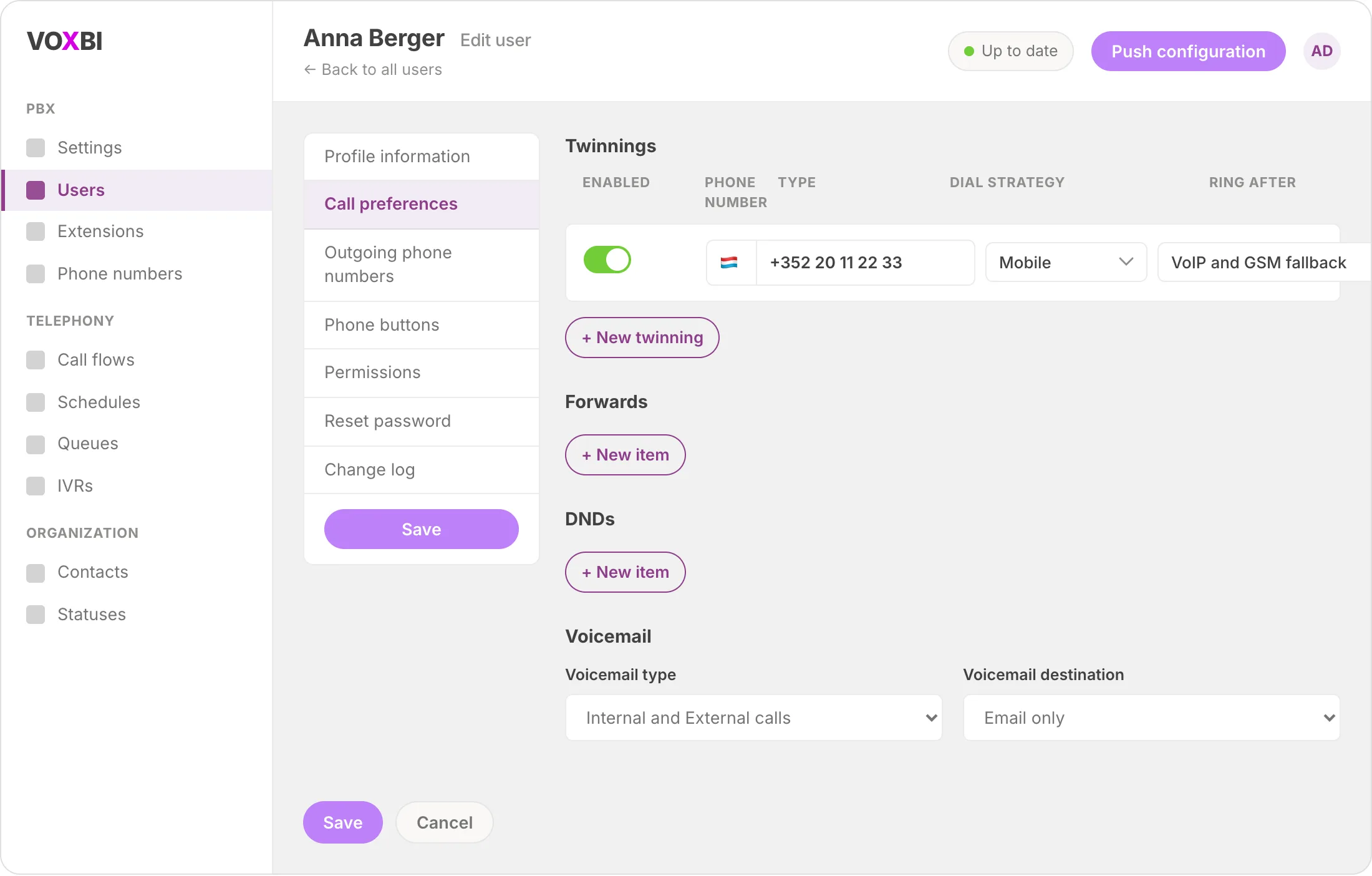 Voxbi-twinningconfiguratie met het FMC-nummer ingesteld op type Mobiel en kiesstrategie VoIP en GSM-fallback