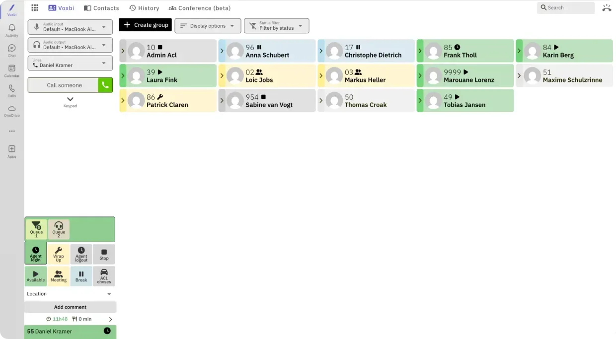 The Voxbi app open inside Microsoft Teams, showing colleagues with real-time presence, call queue controls, and a dialer, all in the Teams window.