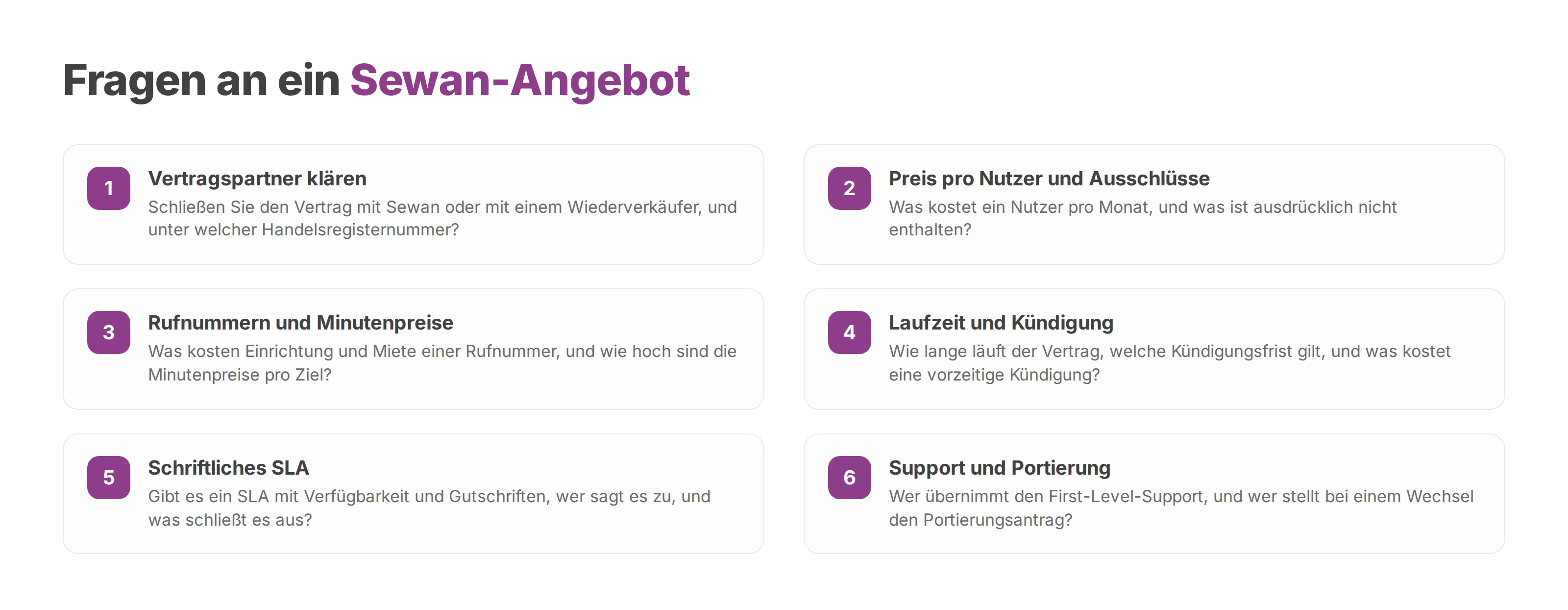Nummerierte Liste mit sechs Fragen, die ein Sewan-Angebot zu Vertrag, Preisen, SLA und Support beantworten sollte