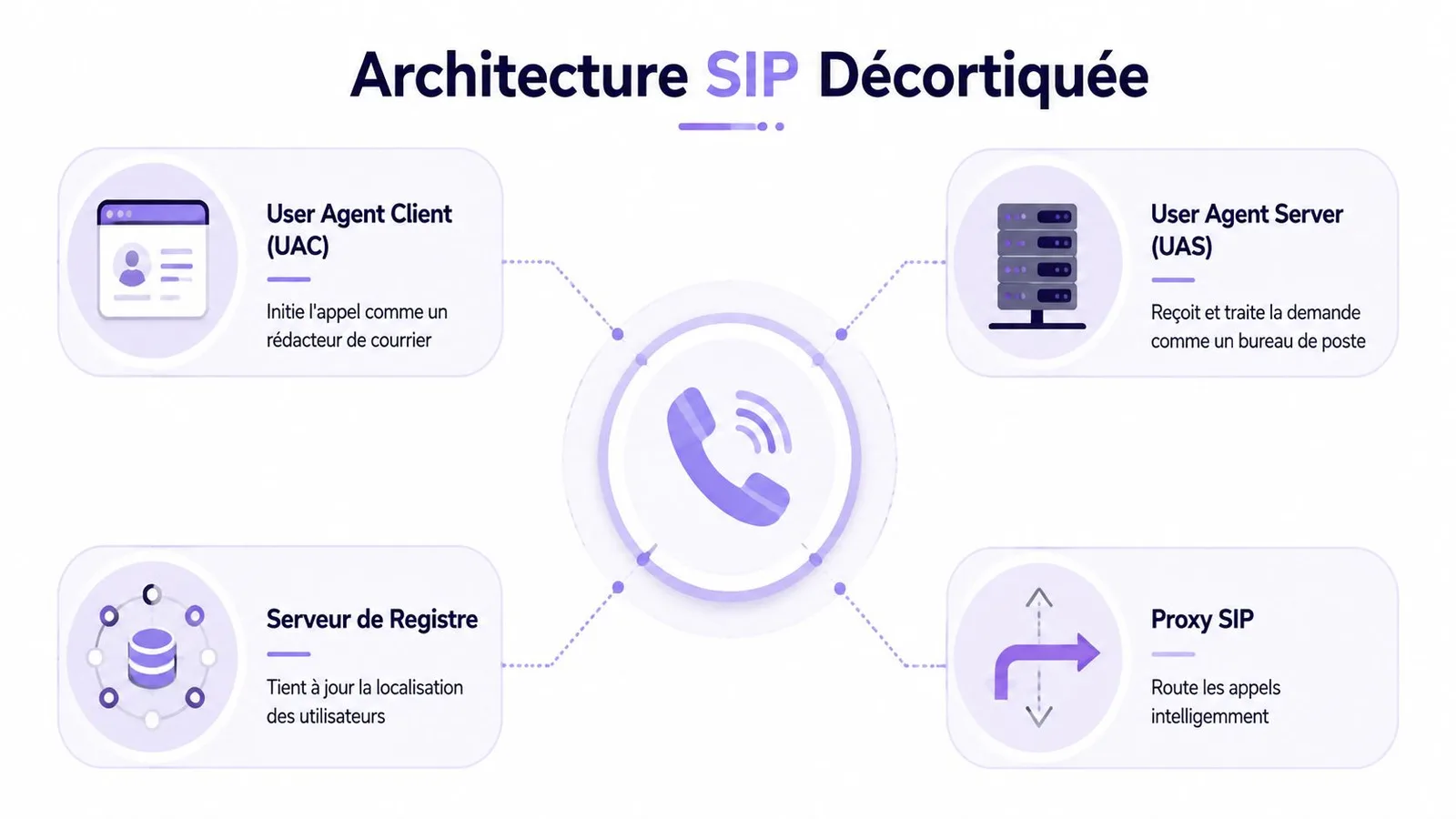 Schéma illustrant l'architecture SIP avec l'UAC, l'UAS, le serveur de registre et le proxy SIP.