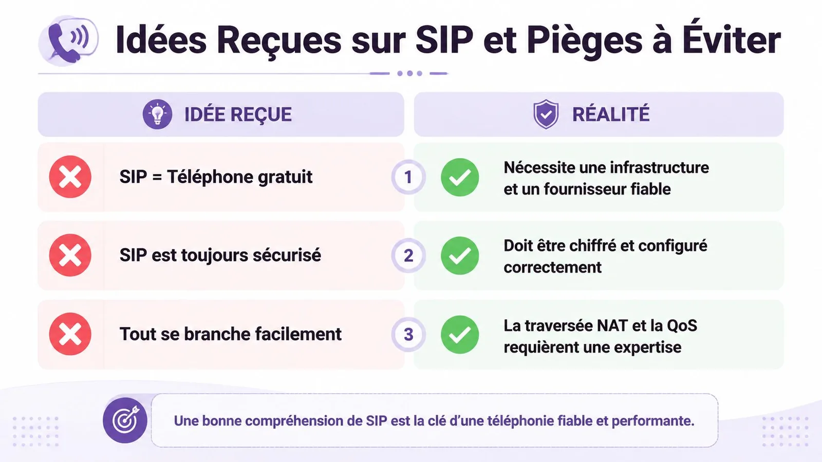 Infographie illustrant trois idées reçues sur la téléphonie SIP et les réalités techniques correspondantes.