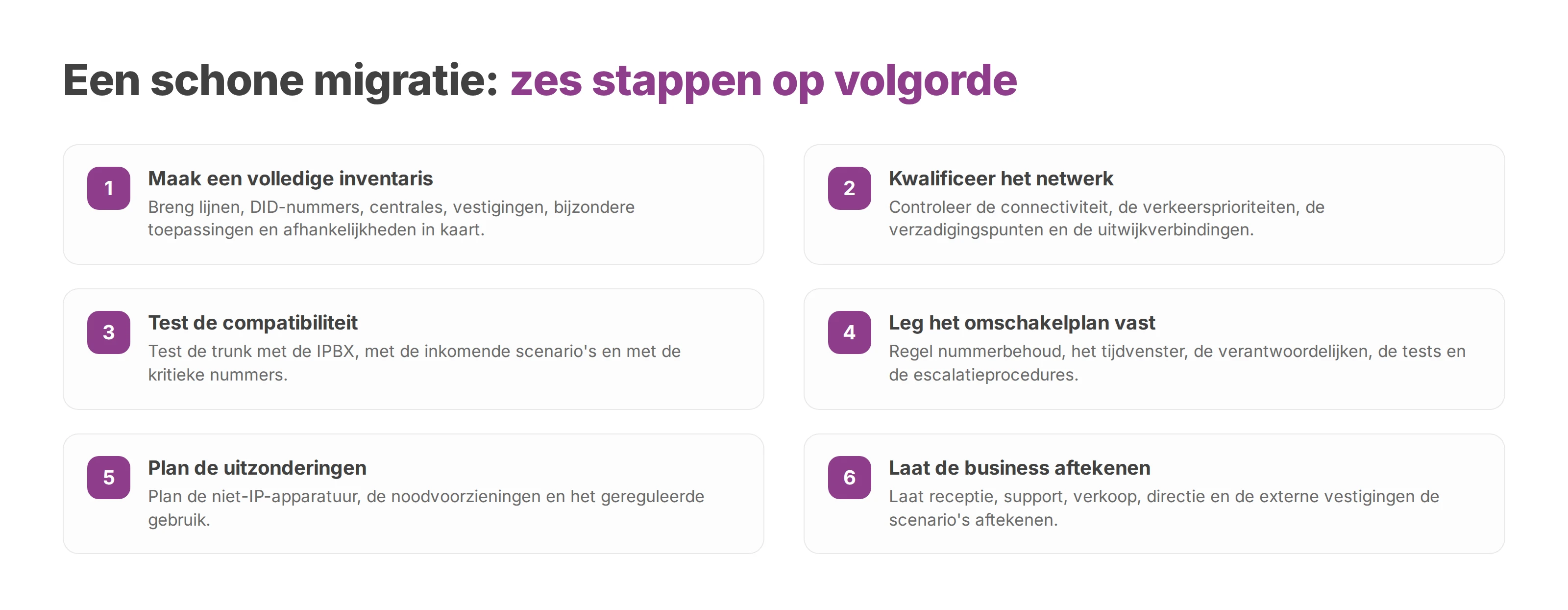 Genummerde lijst met de zes stappen van een schone migratie naar een sip trunk.