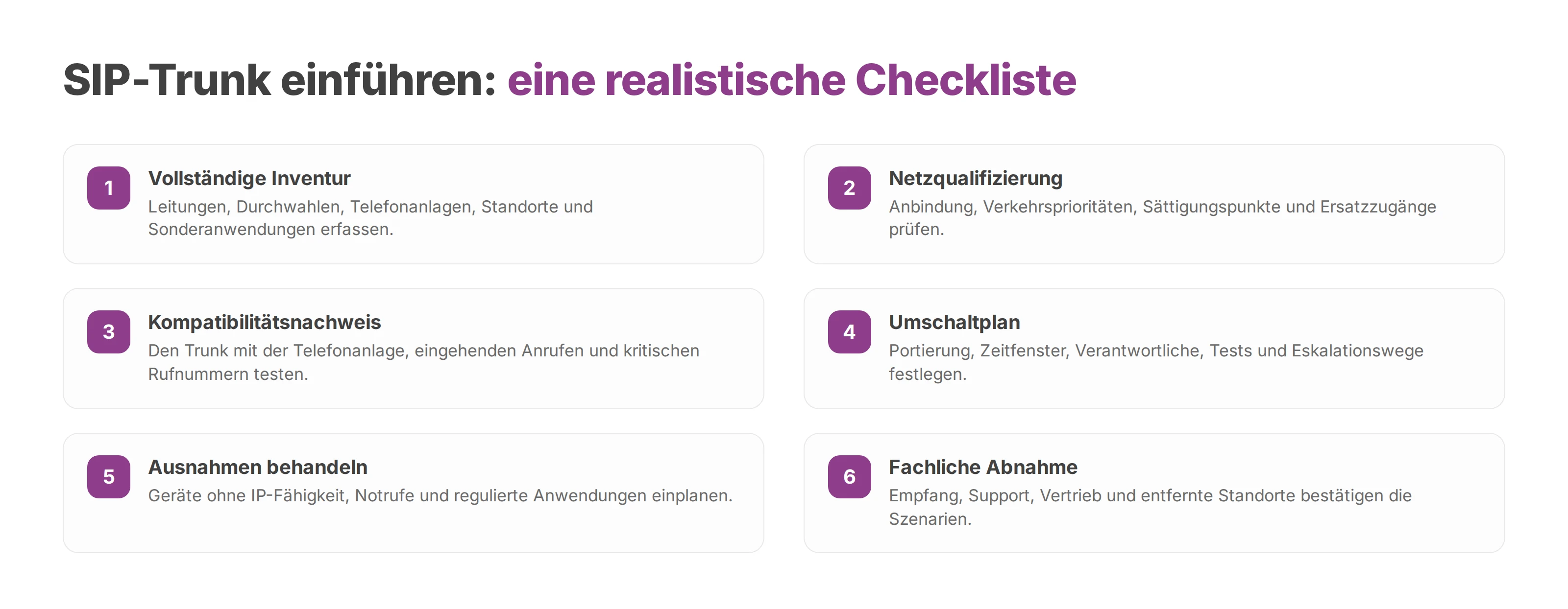 Checkliste mit sechs Schritten für die Einführung eines SIP-Trunks, von der Inventur bis zur fachlichen Abnahme
