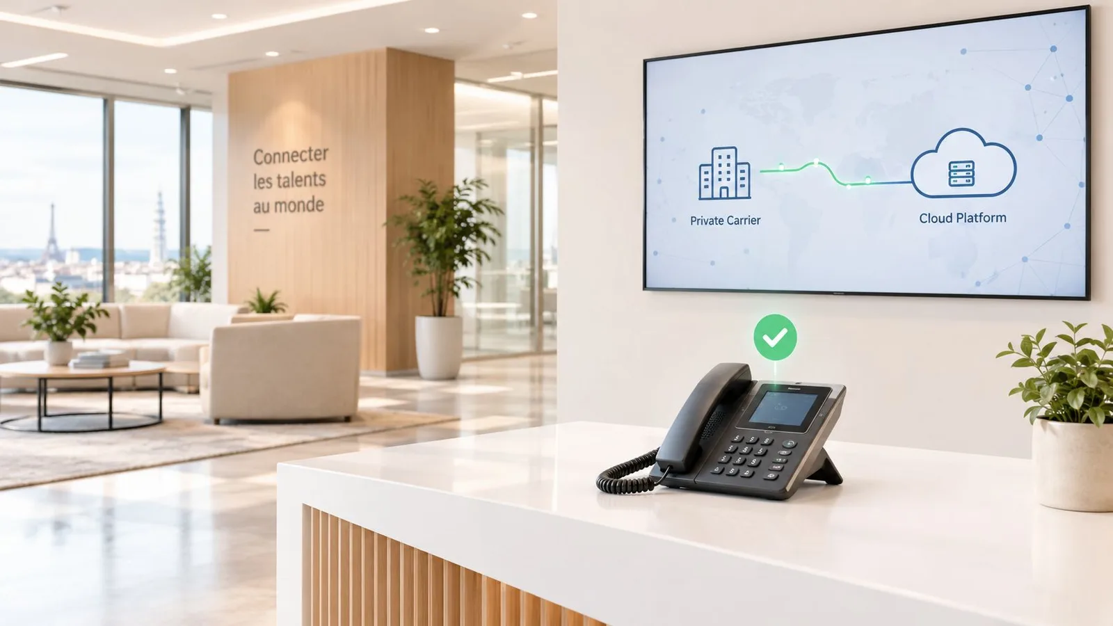 Un téléphone de bureau posé sur une réception avec un écran mural illustrant une connexion cloud sécurisée.