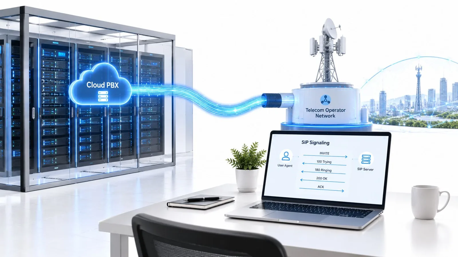 Illustration montrant la connexion entre un système Cloud PBX et un réseau d'opérateur télécom via SIP.