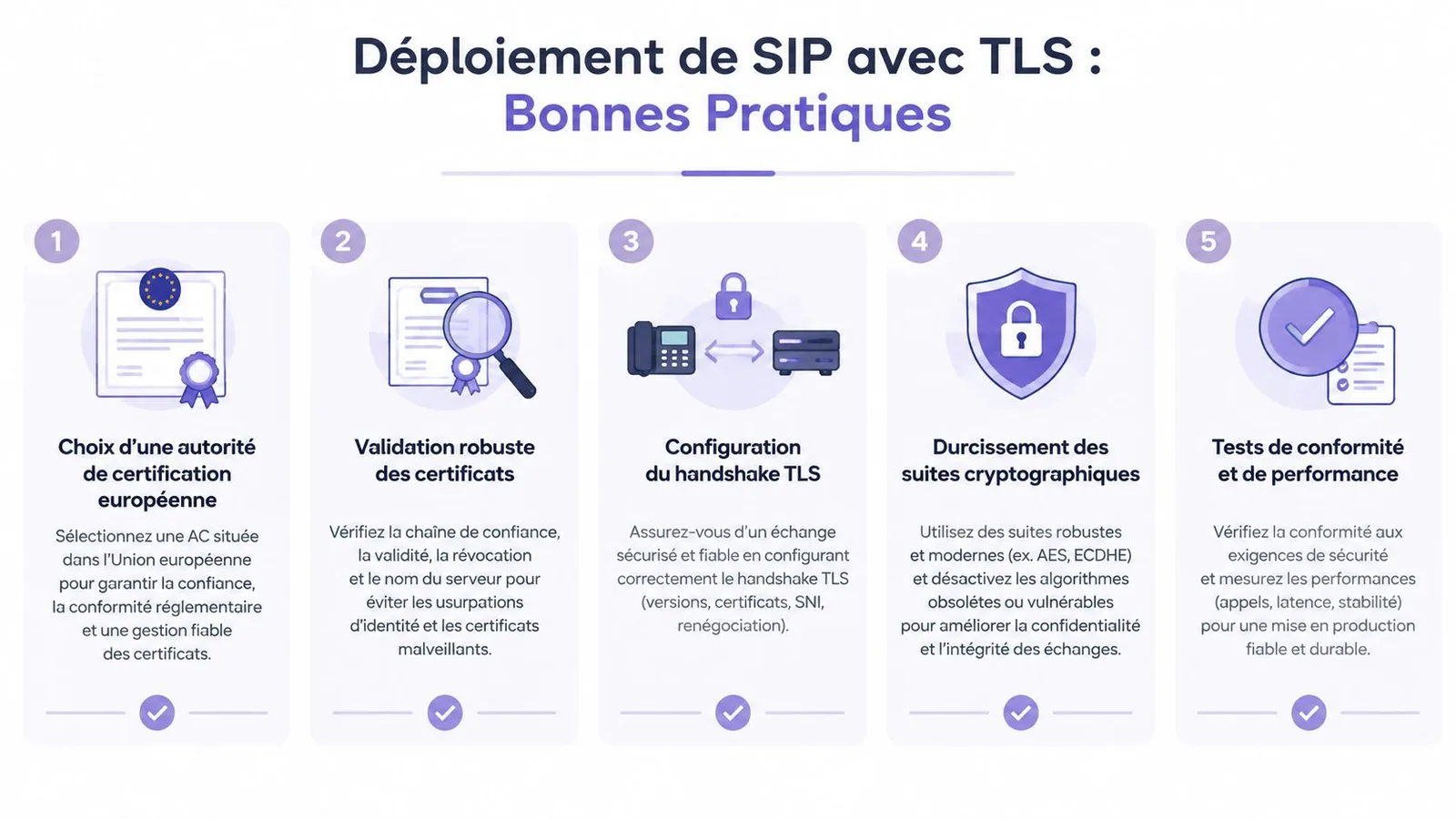 Infographie présentant cinq bonnes pratiques pour le déploiement sécurisé du protocole SIP avec le chiffrement TLS.