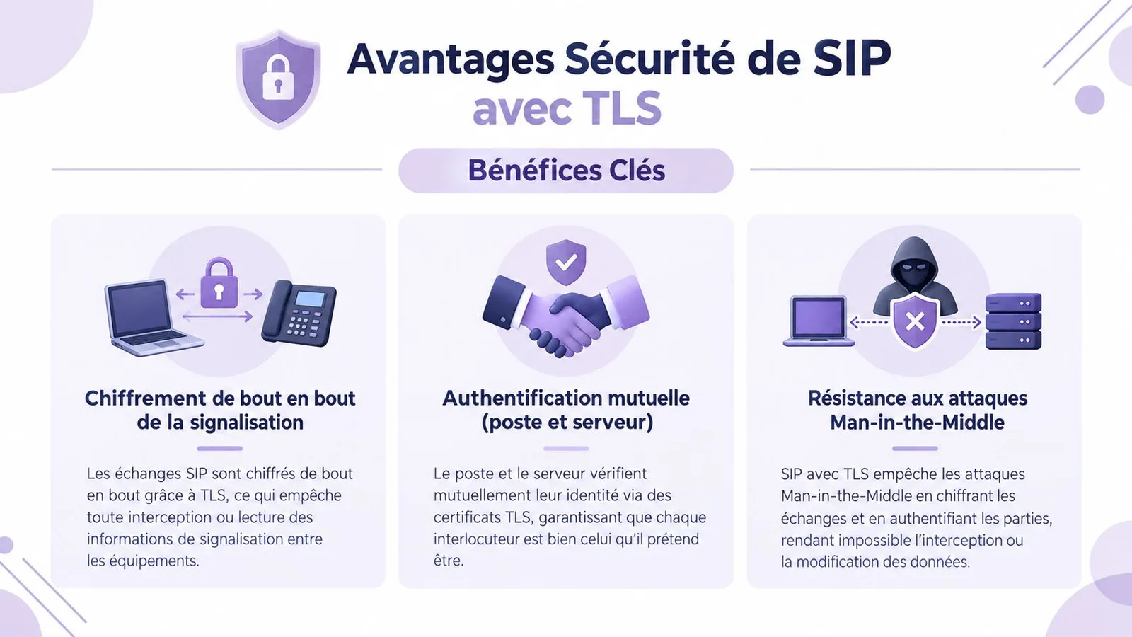Infographie illustrant les avantages sécuritaires du protocole SIP avec TLS pour la protection des communications professionnelles.