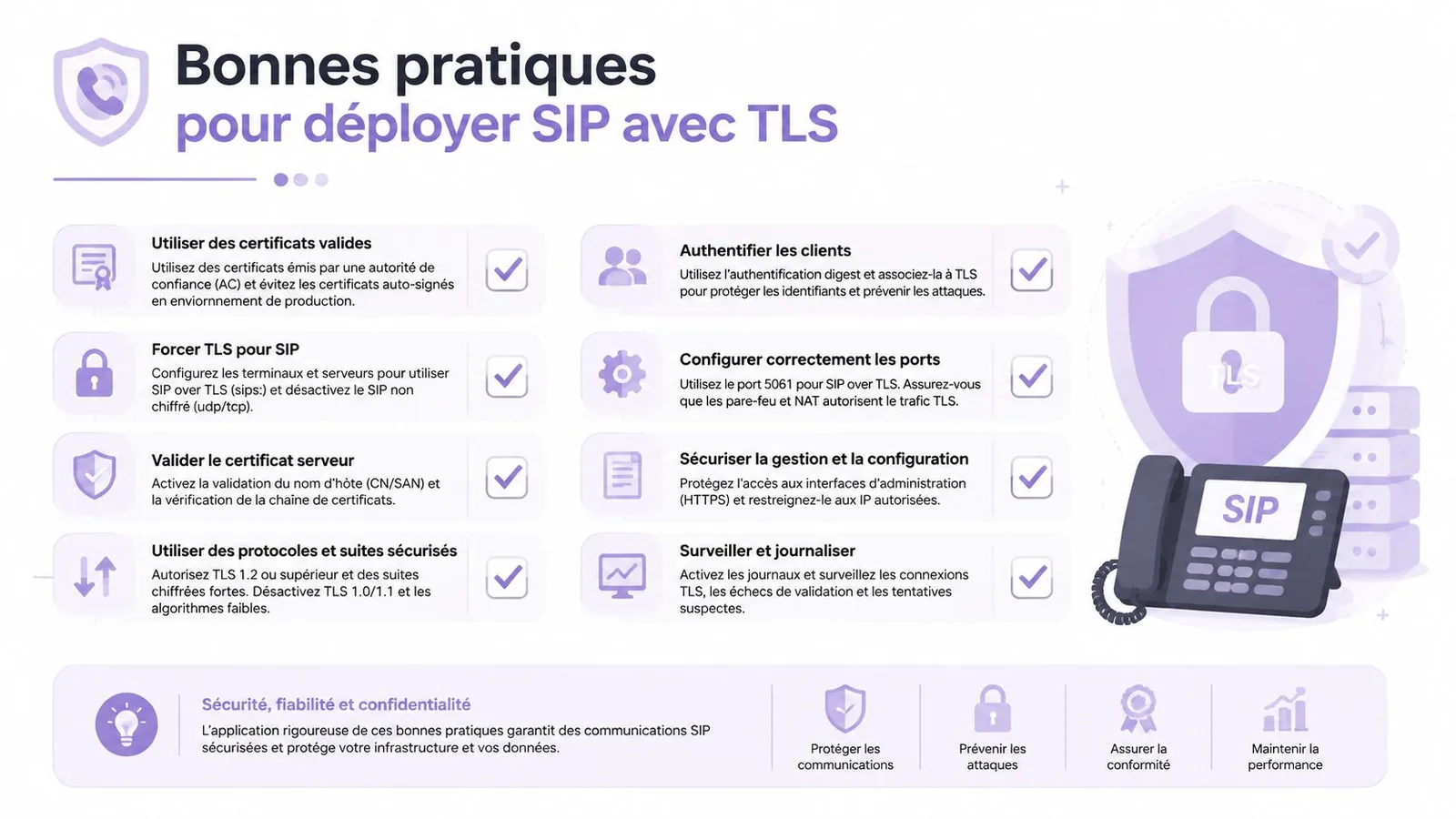 Infographie présentant les bonnes pratiques pour sécuriser les communications téléphoniques SIP via le protocole TLS.