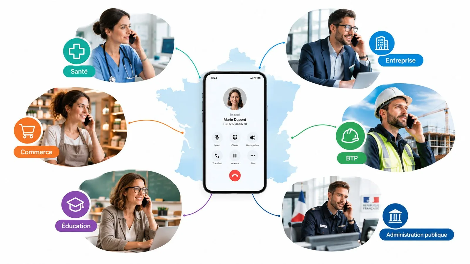 Représentation visuelle de la définition du softphone connectant divers secteurs professionnels à travers une plateforme téléphonique unifiée.