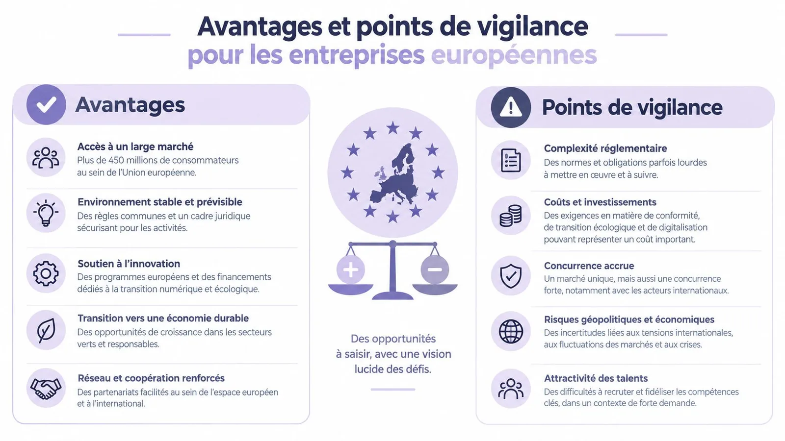 Infographie illustrant les avantages et les points de vigilance pour les entreprises au sein de l'Union européenne.
