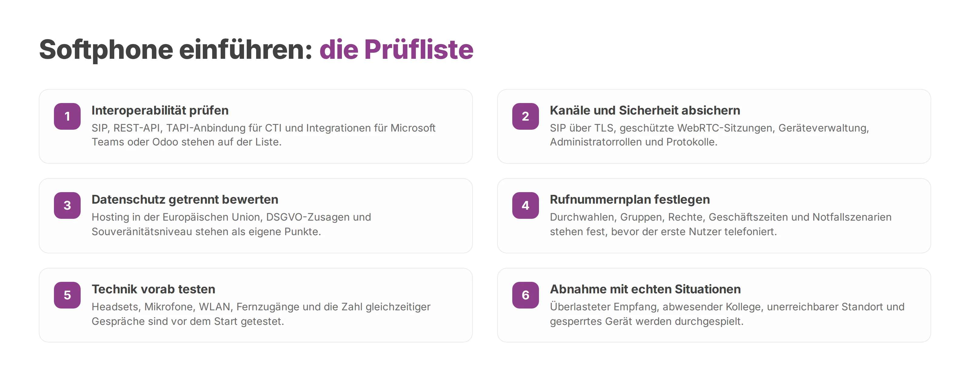 Prüfliste mit sechs Schritten für Auswahl und Einführung eines Softphones