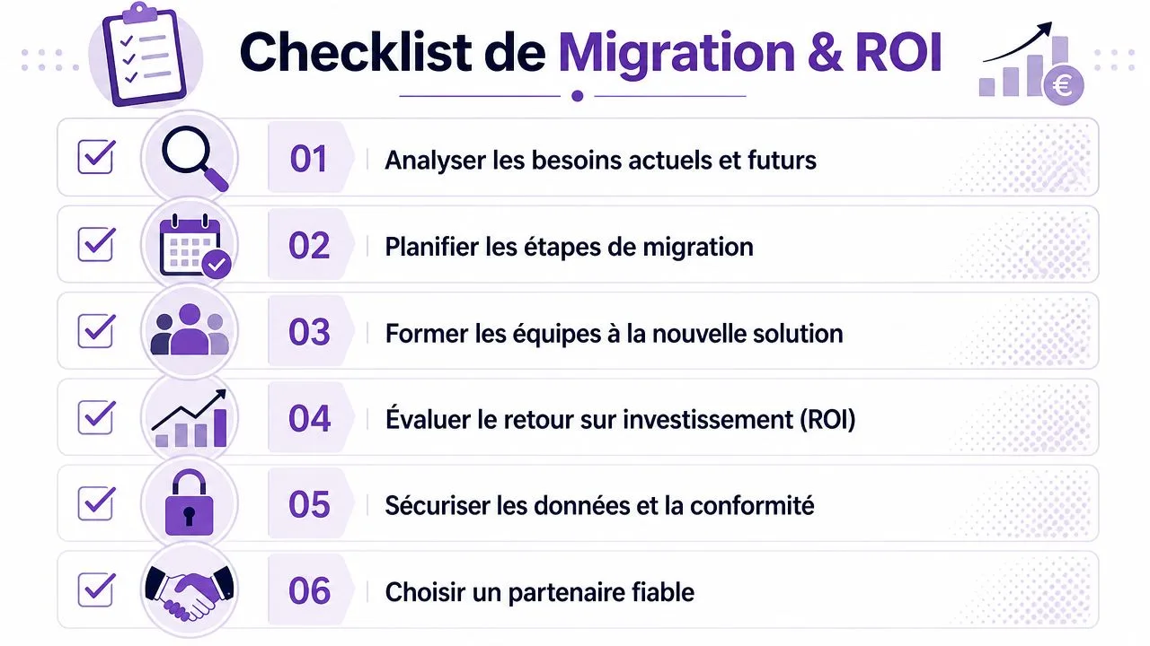 Une liste de contrôle de six étapes pour la migration de solutions informatiques et le retour sur investissement.
