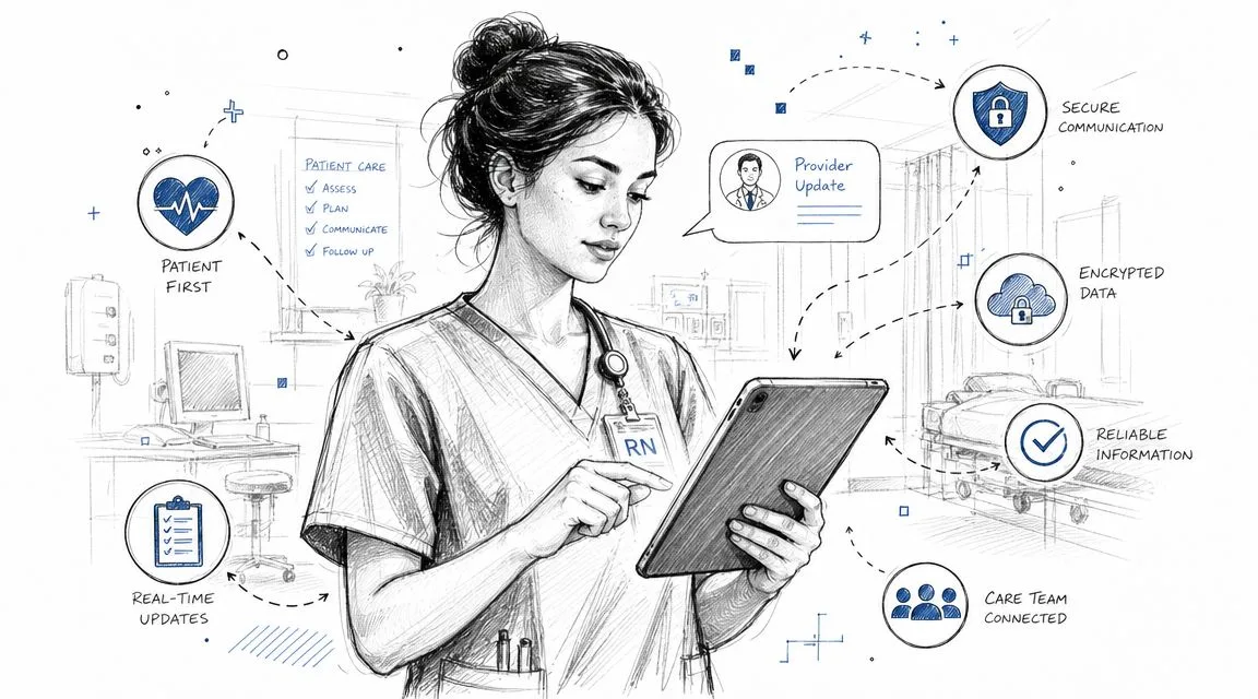 Une infirmière utilisant une tablette numérique dans un hôpital pour gérer des soins médicaux sécurisés et connectés.