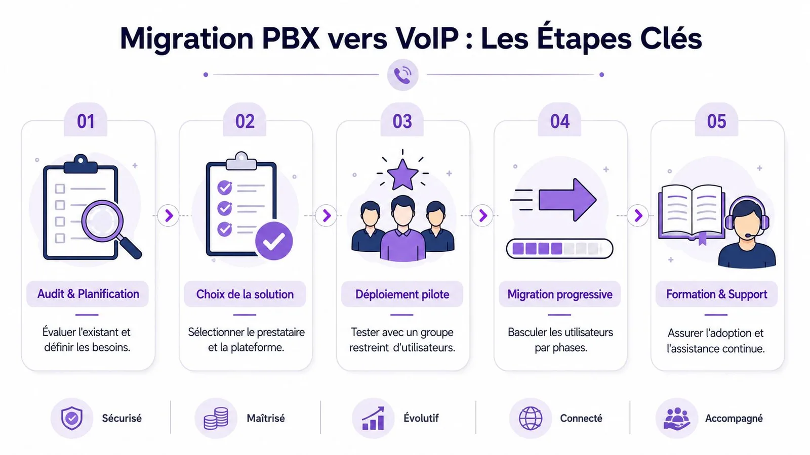 Infographie montrant les cinq étapes clés pour réussir la migration d'un système PBX vers la technologie VoIP.