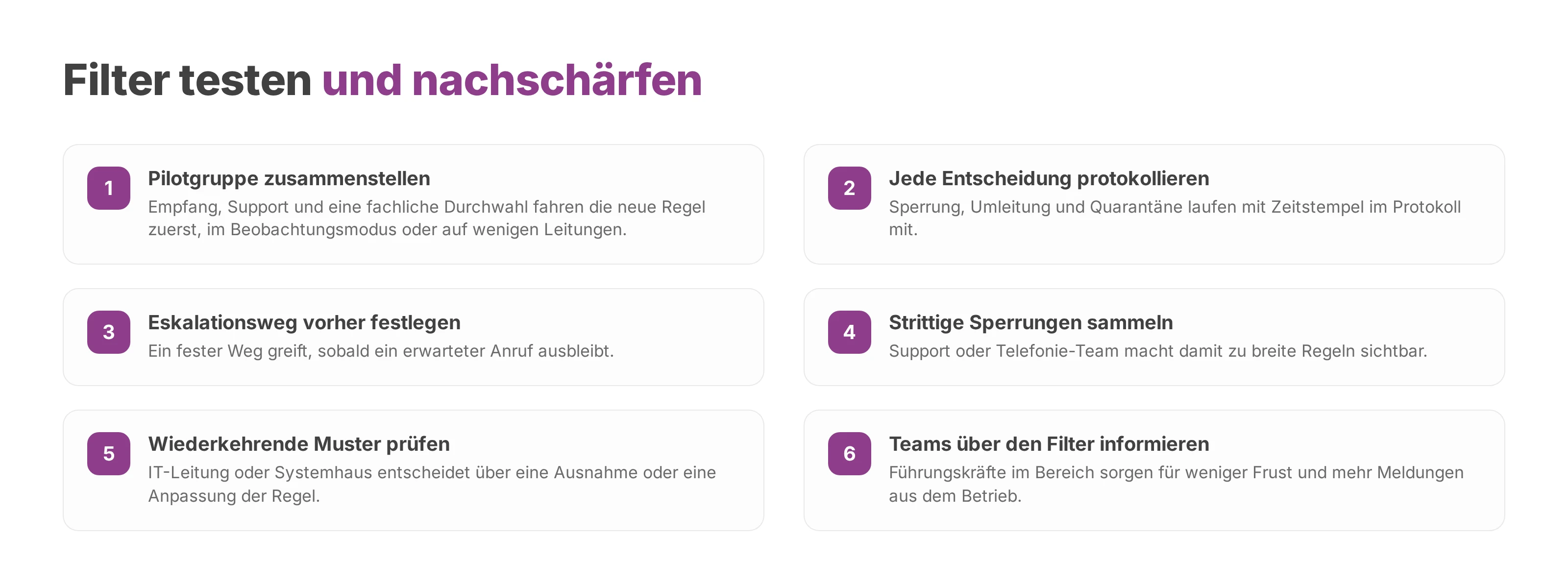 Checkliste für Pilotgruppe, Protokoll, Eskalation und die laufende Prüfung der Filterregeln