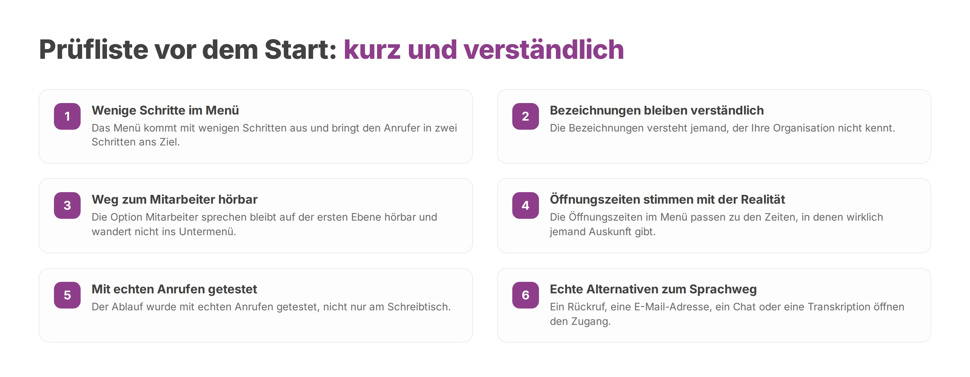 Prüfliste für ein kurzes Sprachmenü: Schritte, Bezeichnungen, Ausgang zum Mitarbeiter, Öffnungszeiten, Test und Alternativen