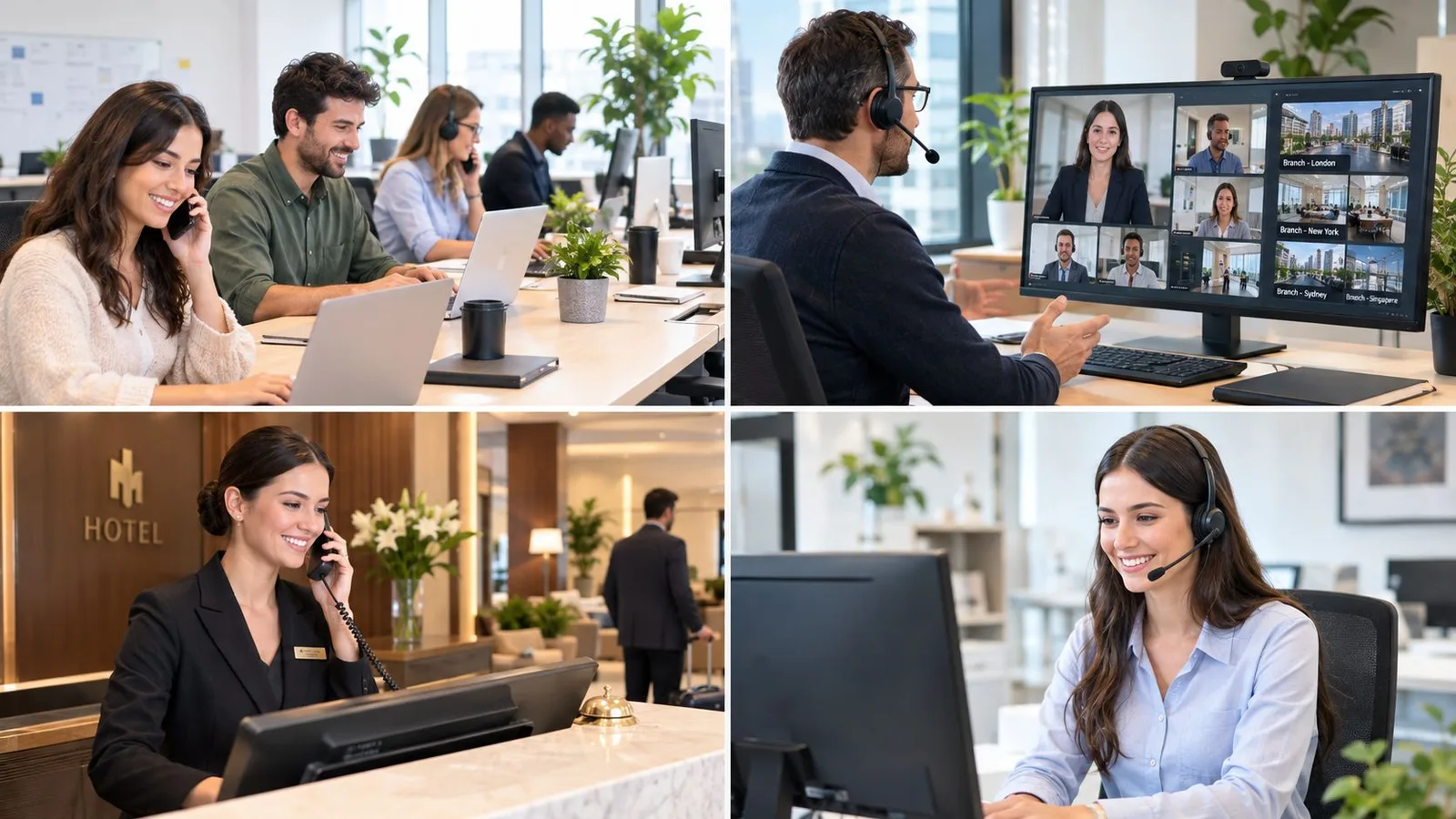 Des professionnels travaillant dans un environnement de bureau moderne avec des casques et des outils de communication.