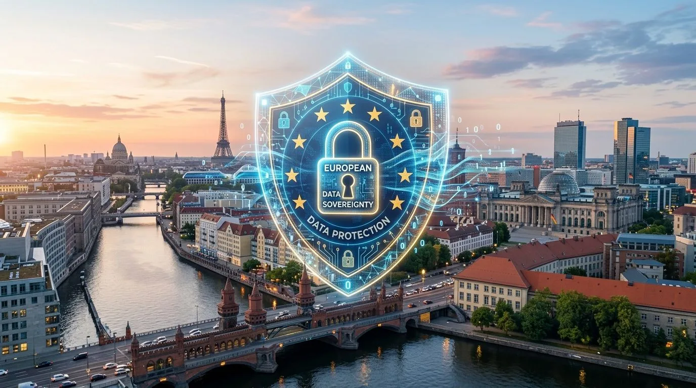 Un bouclier numérique symbolisant la protection des données et la souveraineté européenne au-dessus d'un paysage urbain européen.