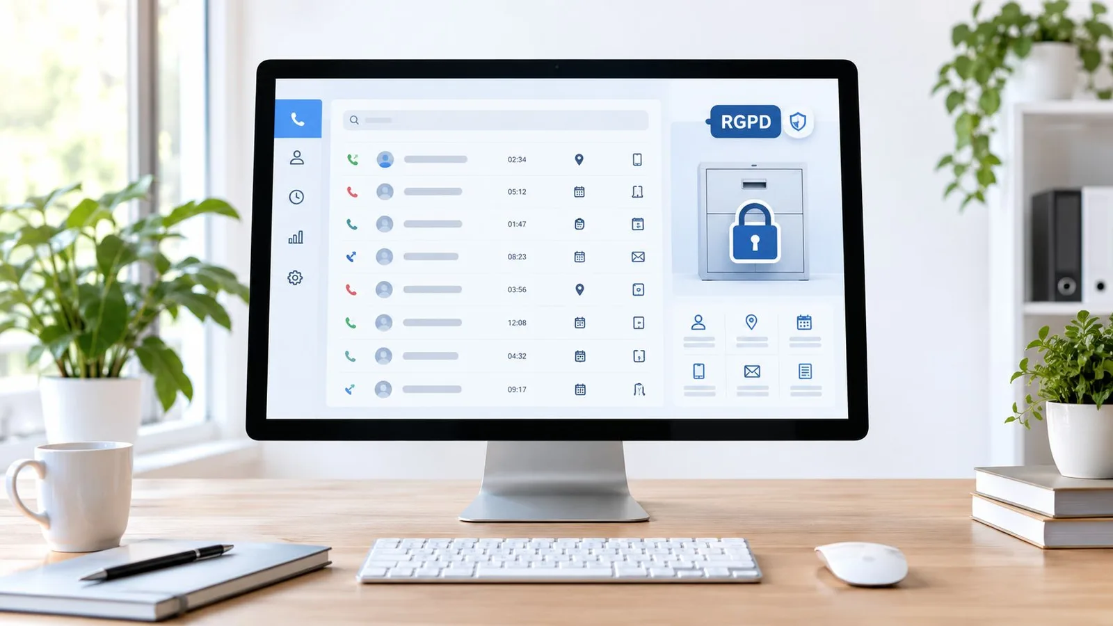 Un écran d'ordinateur affiche une interface de gestion des appels téléphoniques sécurisée avec le label RGPD.