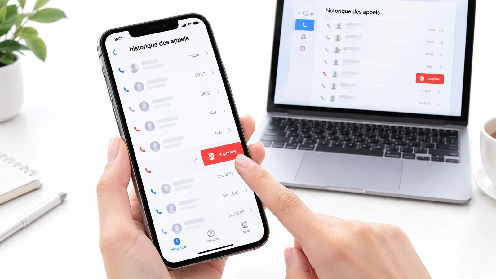 Une personne utilisant son smartphone pour supprimer l'historique des appels devant un ordinateur portable sur un bureau.