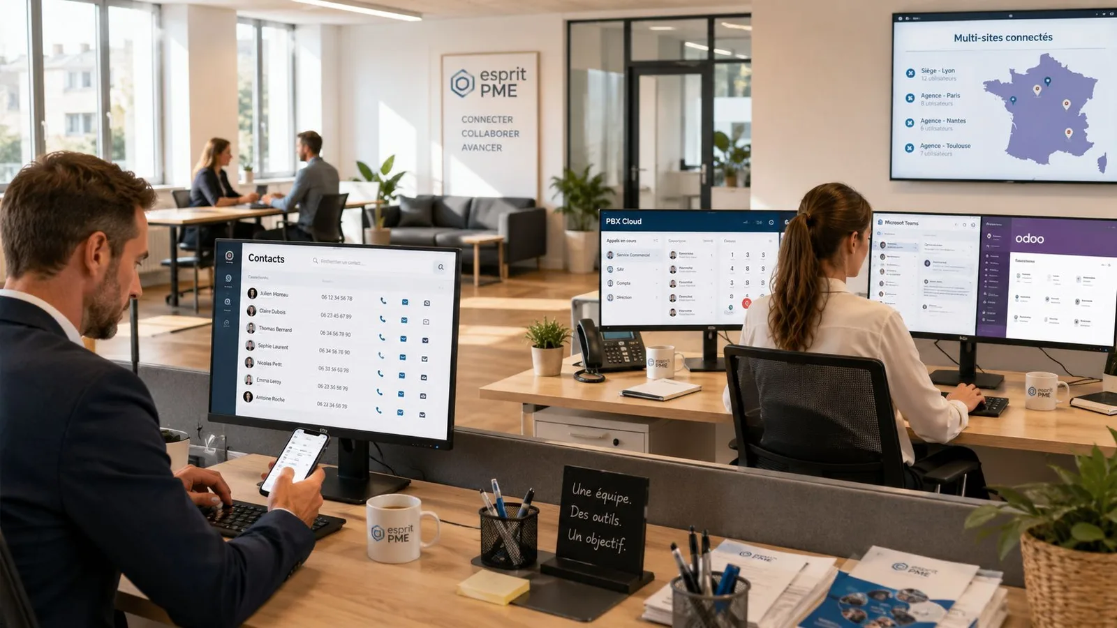 Des employés travaillant dans un bureau moderne avec des outils de communication synchronisés sur leurs différents écrans.