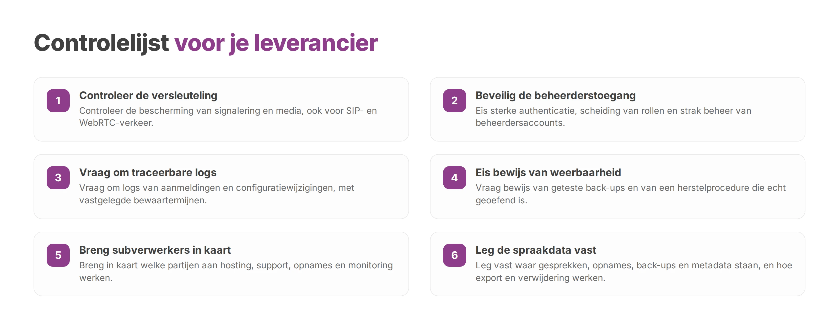 Controlelijst met zes punten om bij een cloud-PBX-leverancier na te gaan, van versleuteling tot de locatie van spraakdata
