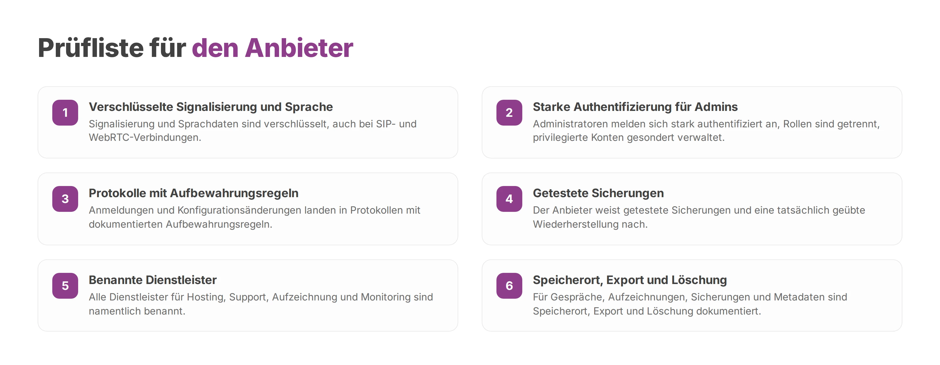 Nummerierte Prüfliste mit sechs Kontrollen für einen Cloud-Telefonie-Anbieter, abgeleitet aus dem BSI-Katalog C5