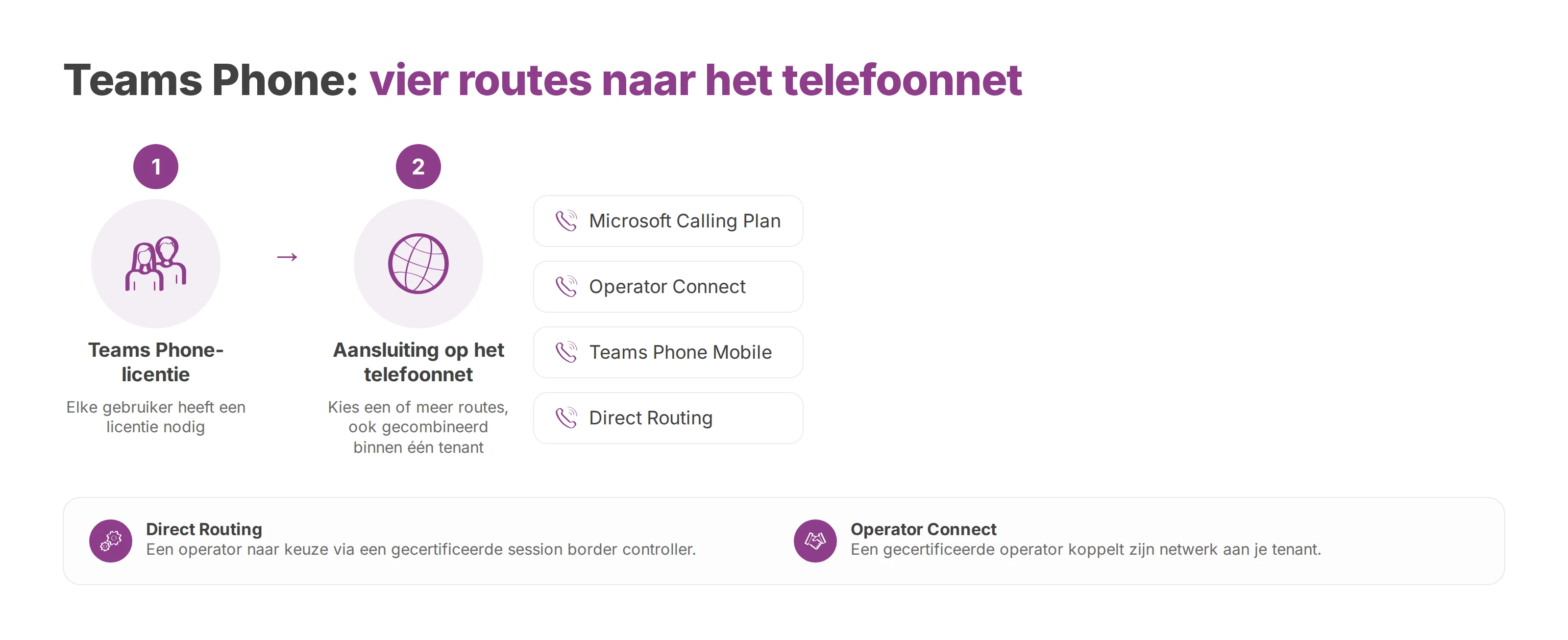 Schema: elke gebruiker heeft een Teams Phone-licentie en een aansluiting op het telefoonnet nodig, via vier routes van Microsoft