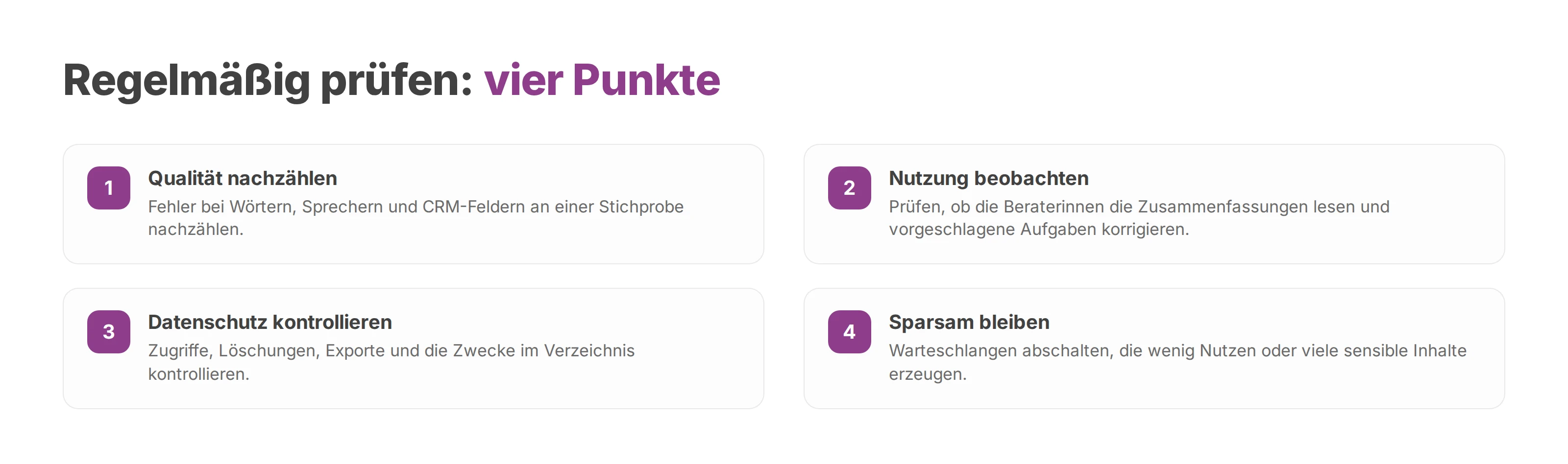 Checkliste mit vier Punkten für die regelmäßige Prüfung: Qualität, Nutzung, Datenschutz und Sparsamkeit