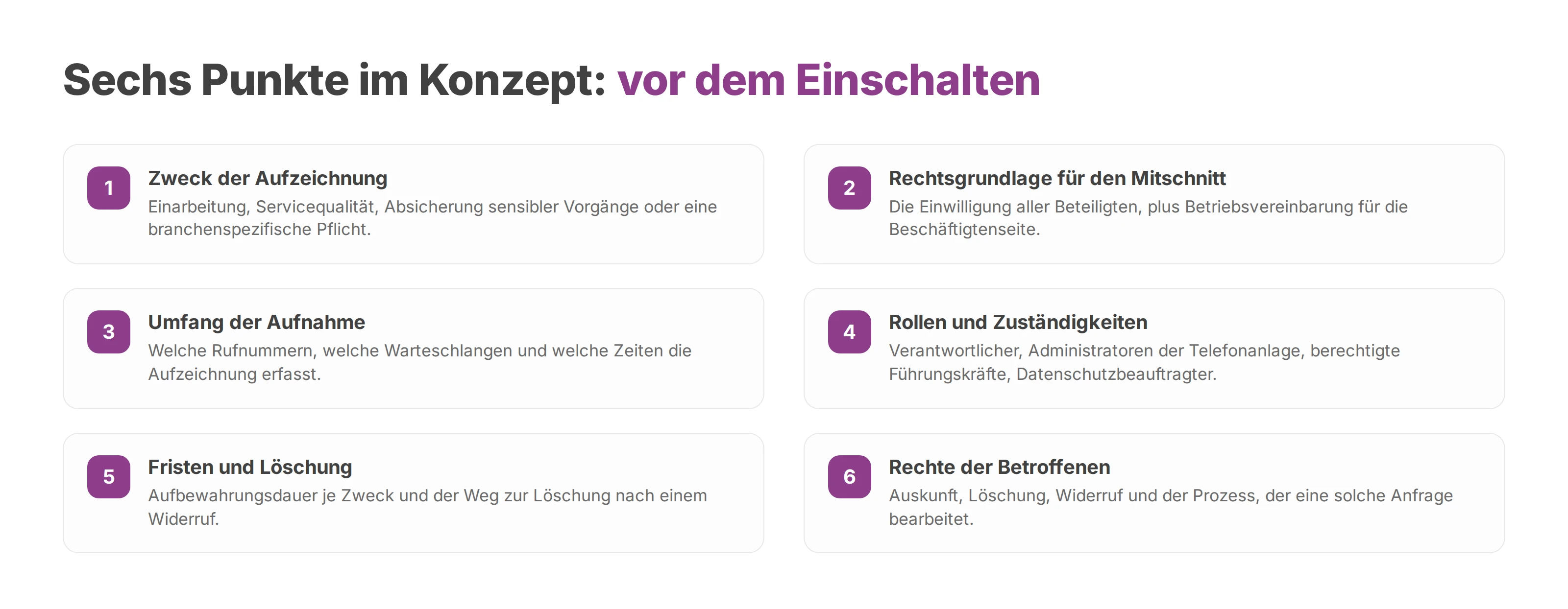 Checkliste mit sechs Punkten für das schriftliche Konzept vor der ersten technischen Einstellung.