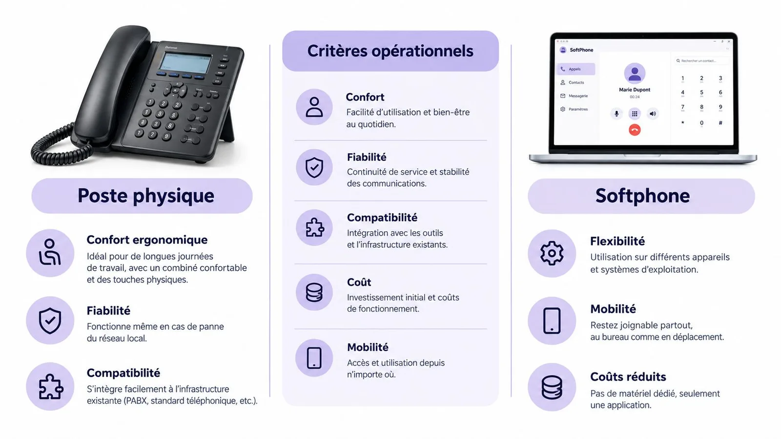Comparaison entre un téléphone de bureau physique et un logiciel de téléphonie sur ordinateur pour entreprise.