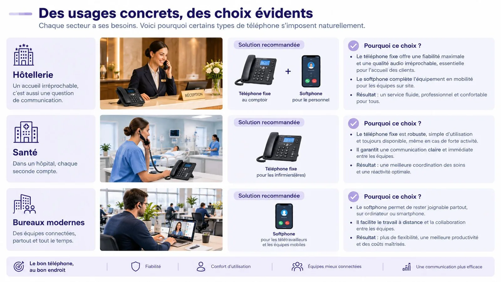 Tableau comparatif montrant les solutions de téléphonie adaptées pour l'hôtellerie, le secteur de la santé et les bureaux.